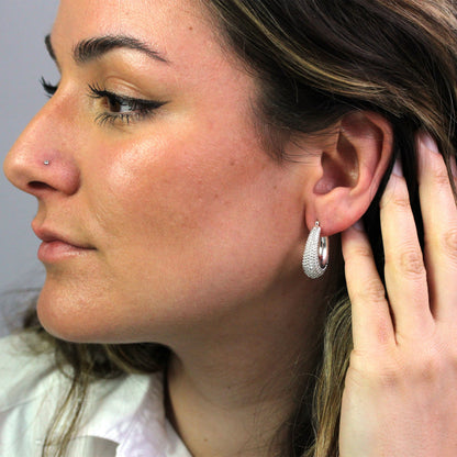 Sterling Silver Hollow Beaded Chunky Oval Hoop Earrings