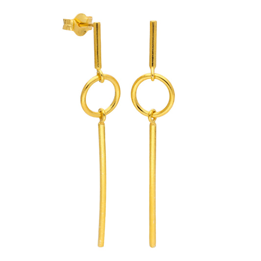 Gold Plated Sterling Silver Circle Bar Stud Drop Earrings