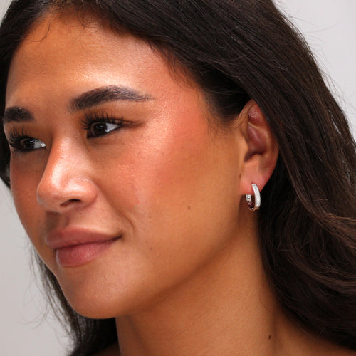 Sterling Silver Clear CZ Pave 15mm Huggie Hoop Earrings