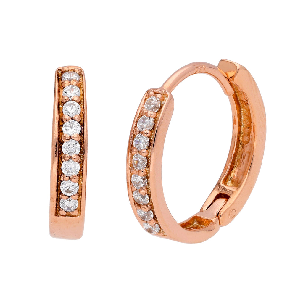 Rose Gold Plated Sterling Silver CZ Huggie 15mm Hoop Earrings