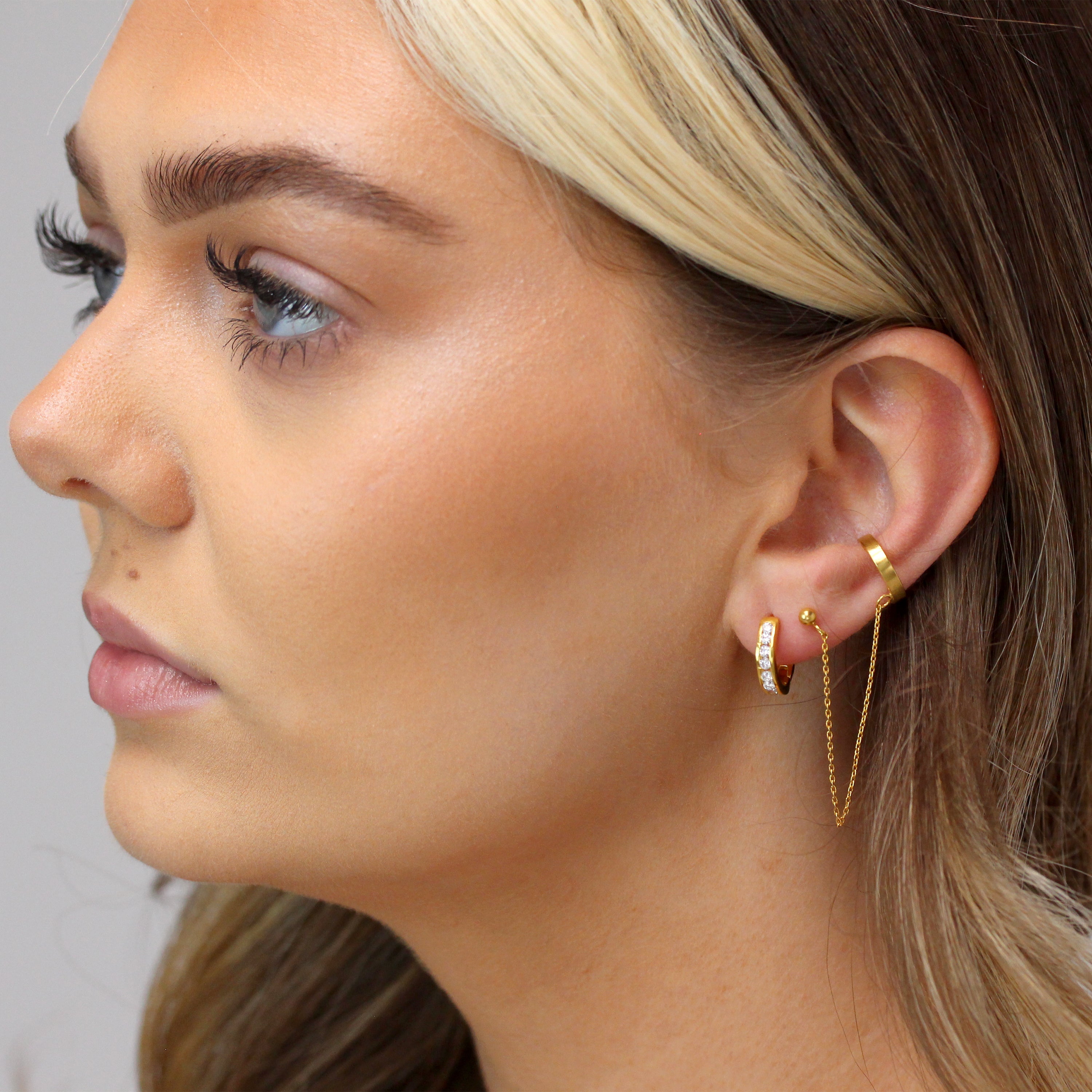 Gold Plated Sterling Silver CZ Channel Set Huggie 14mm Hoop Earrings