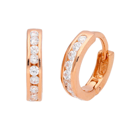 Rose Gold Plated Sterling Silver CZ Huggie 14mm Hoop Earrings