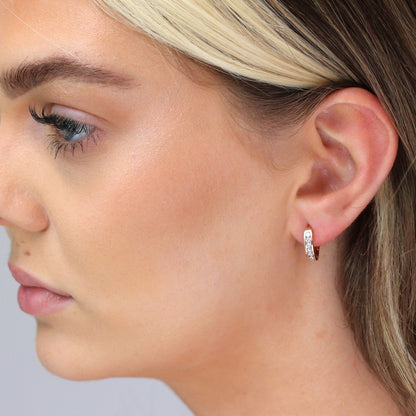 Rose Gold Plated Sterling Silver CZ Huggie 14mm Hoop Earrings