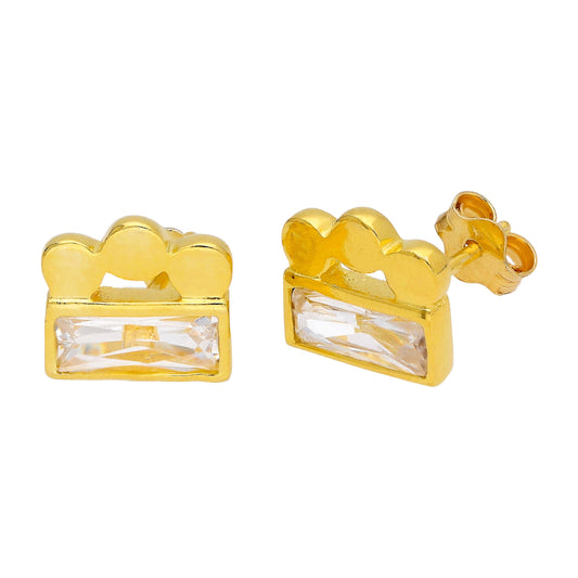 Gold Plated Sterling Silver Beaded Baguette CZ Stud Earrings