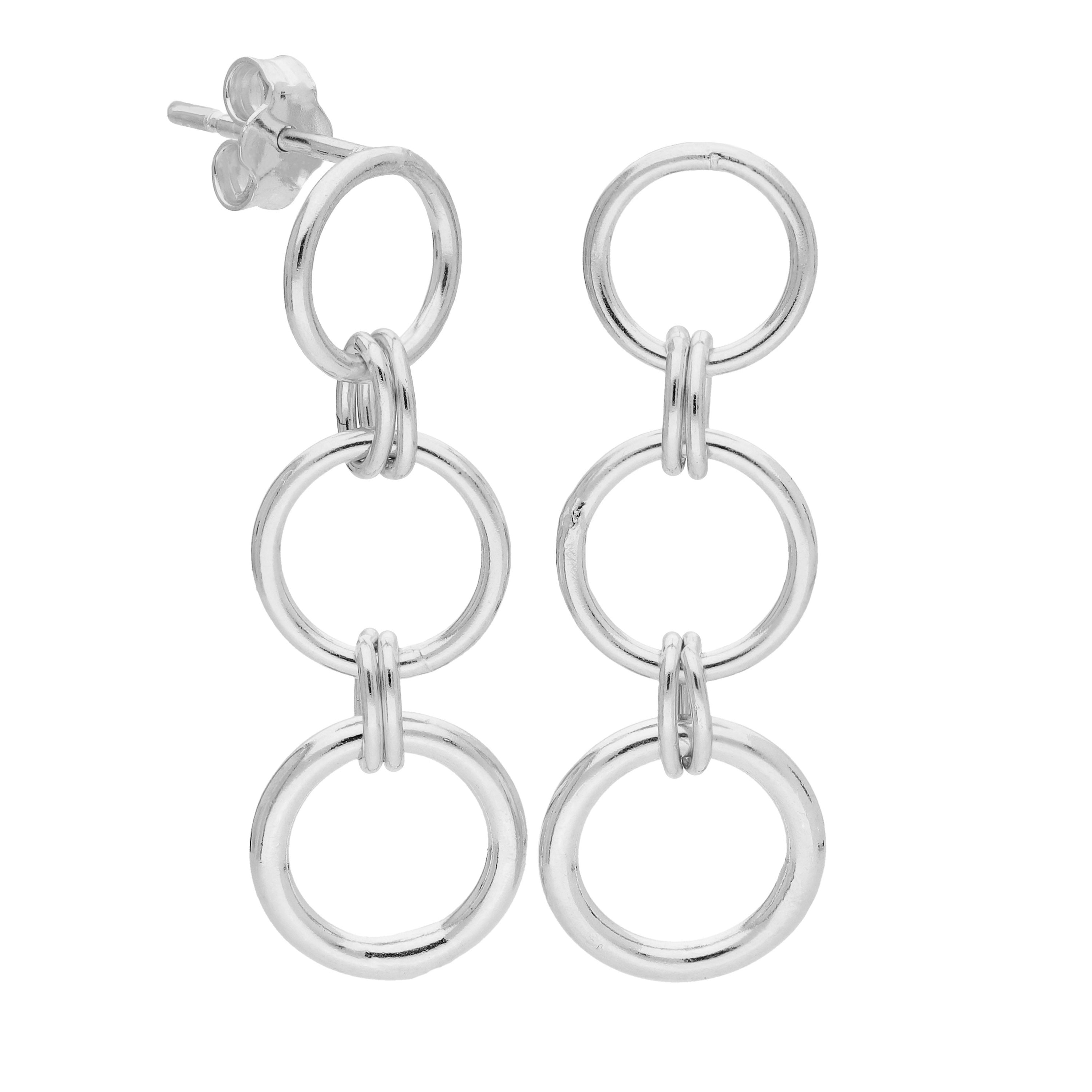 Sterling Silver Triple Round Link Chain Drop Stud Earrings
