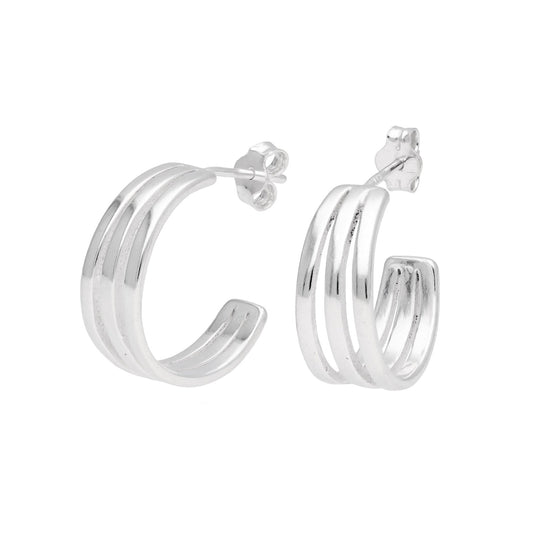 Sterling Silver Triple Line Open Hoop Stud Earrings - jewellerybox