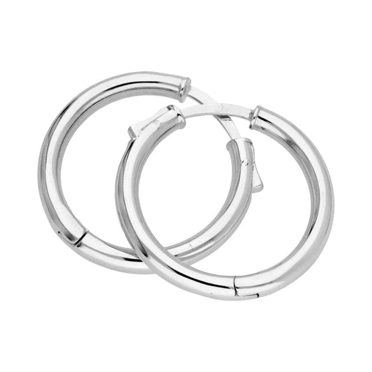 Sterling Silver Round Tube Push Button 25mm Hoop Earrings
