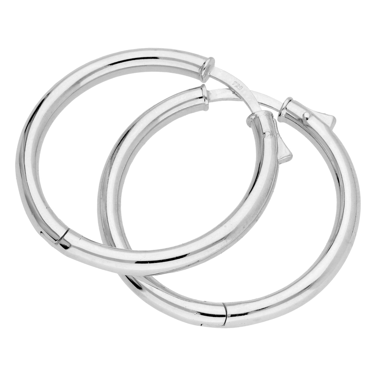 Sterling Silver Round Tube Push Button 30mm Hoop Earrings