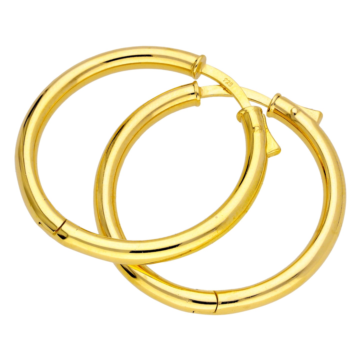 Gold Plated Sterling Silver Round Tube Push Button 30mm Hoop Earrings