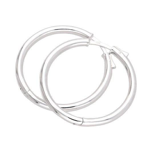 Sterling Silver Round Tube Push Button 35mm Hoop Earrings