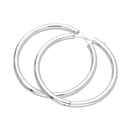 Sterling Silver Round Tube Push Button 40mm Hoop Earrings