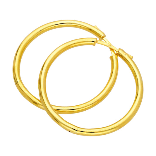 Gold Plated Sterling Silver Round Tube Push Button 40mm Hoop Earrings