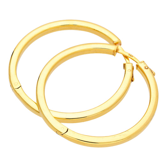 Gold Plated Sterling Silver Square Push Button 40mm Hoop Earrings