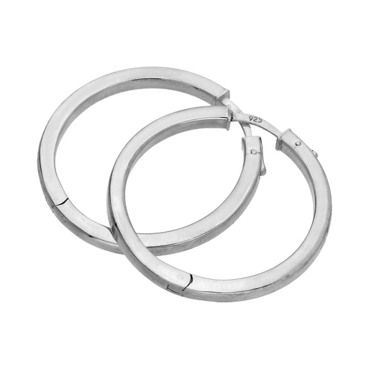 Sterling Silver Square Tube Push Button 35mm Hoop Earrings