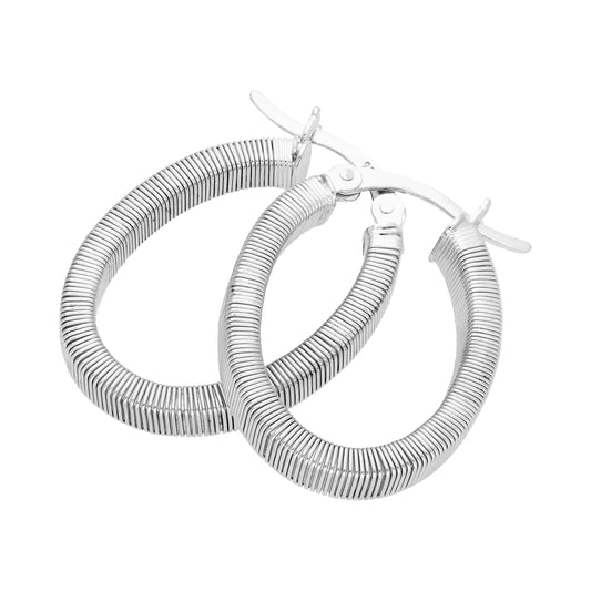 Sterling Silver Lined Oval Chunky Creole Hoop Earrings
