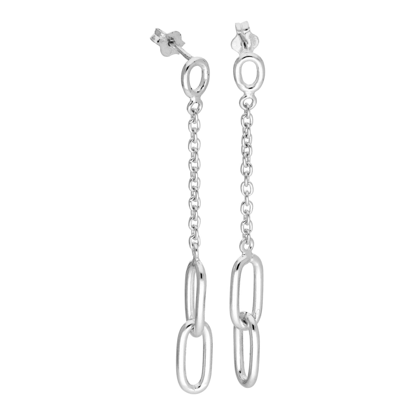 Sterling Silver Long Link Chain Stud Drop Earrings