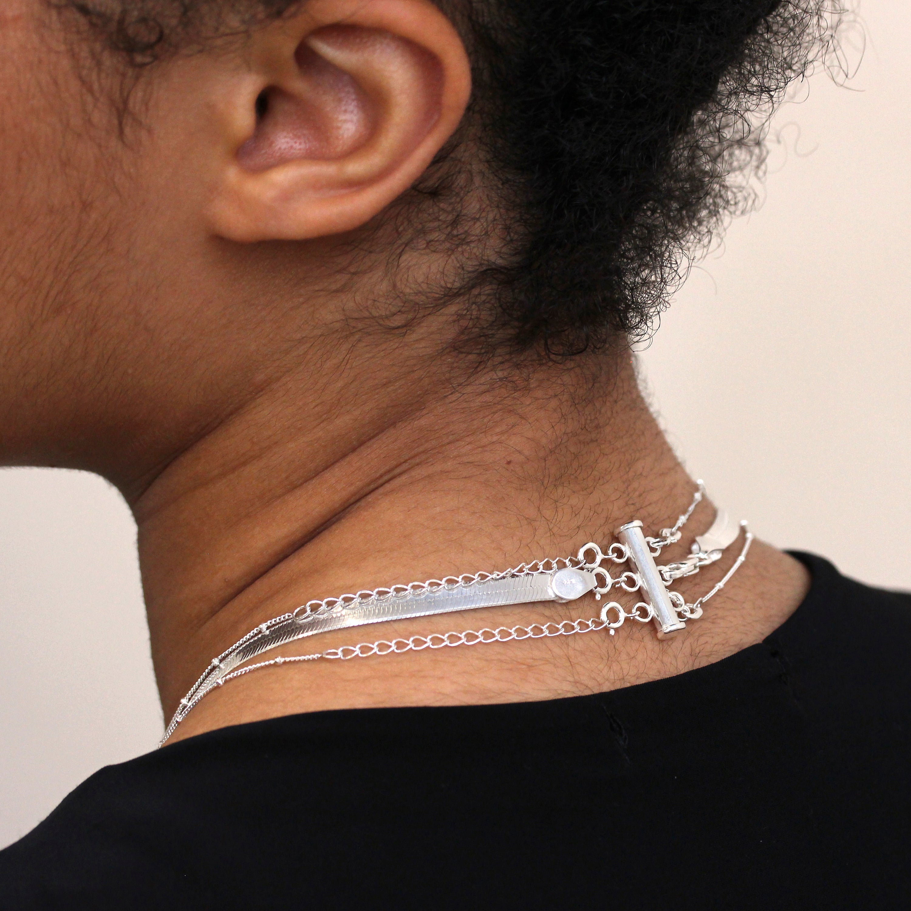 Sterling Silver 3 Row Bolt Ring Tube Layer Necklace Clasp