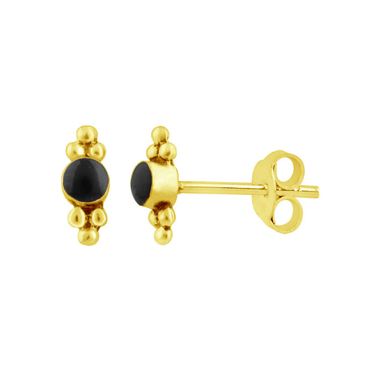 Small Gold Plated Sterling Silver Black Beaded Stud Earrings
