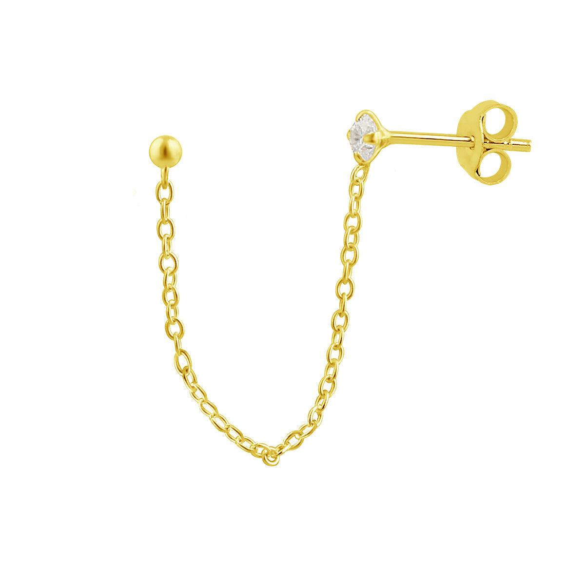 Gold Plated Sterling Silver Ball CZ Chain Double Stud Earring