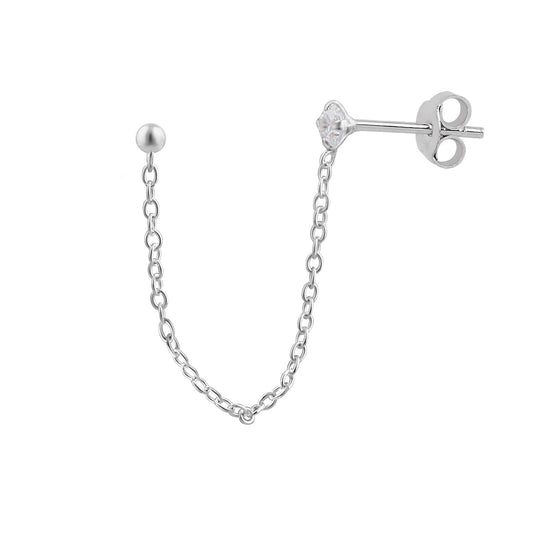 Single Sterling Silver Ball CZ Chain Double Stud Earring