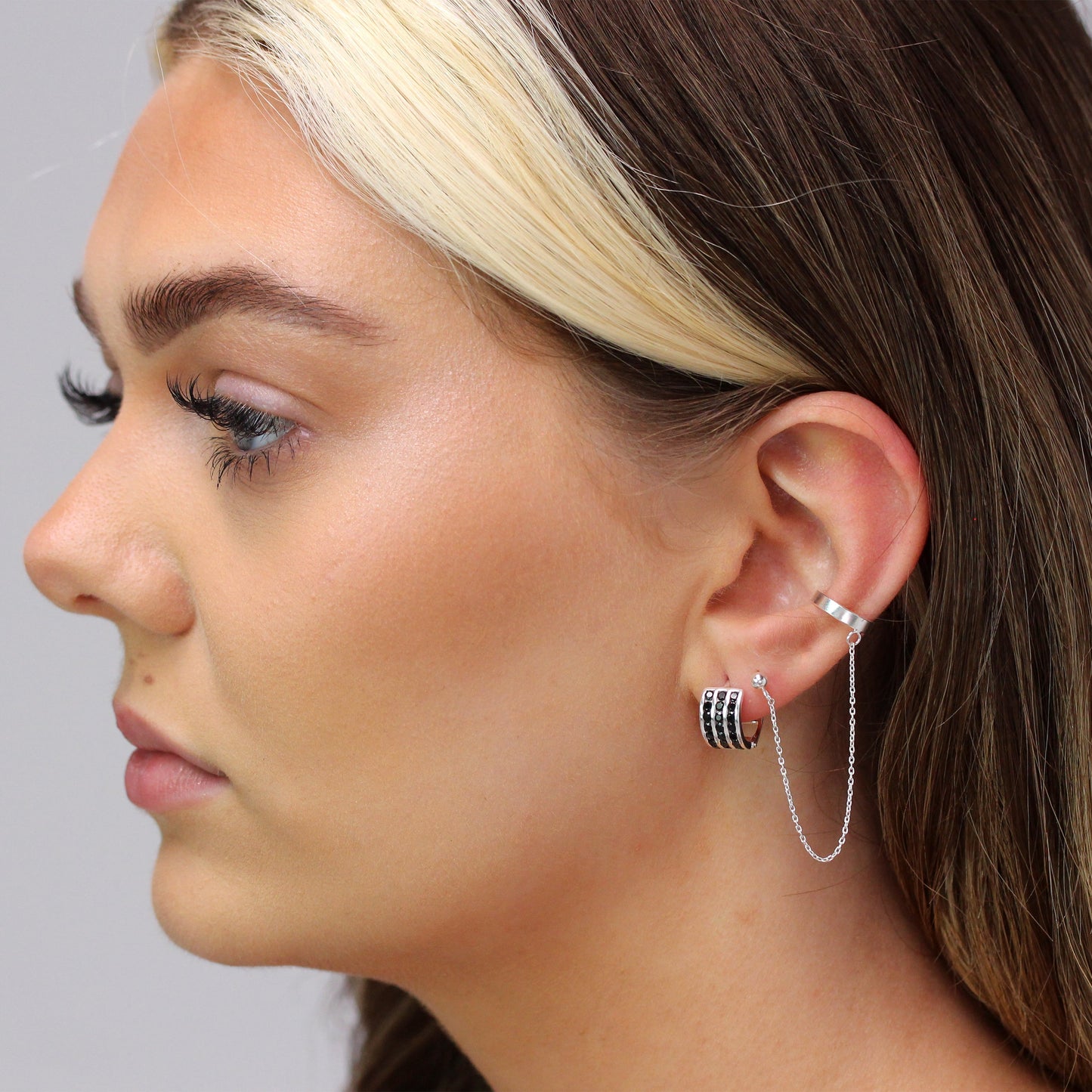 Single Sterling Silver Ear Cuff Ball Stud Chain Earring