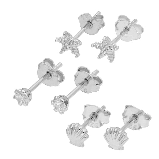 Small Triple Sterling Silver Seaside Stud Earrings Set