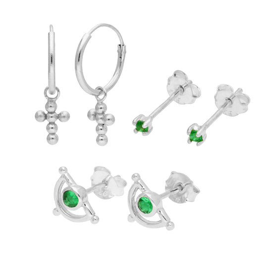 Triple Sterling Silver Emerald CZ Studs & Hoop Earrings Set