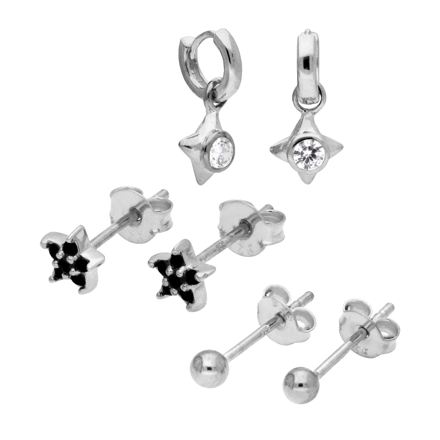 Triple Sterling Silver CZ Star Earrings Set - jewellerybox