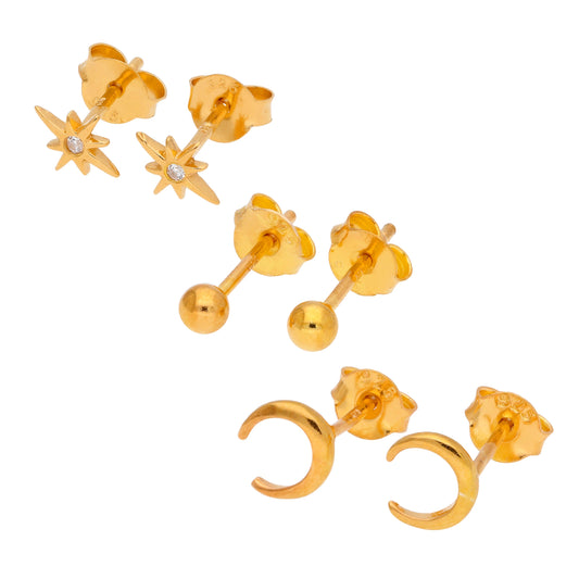 Gold Plated Sterling Silver Moon Star Stud Earrings Set