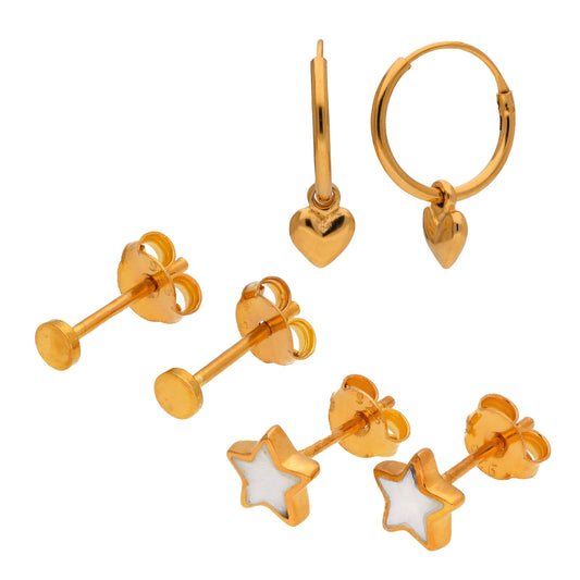 Small Gold Plated Sterling Silver Stud & Hoop Earrings Set