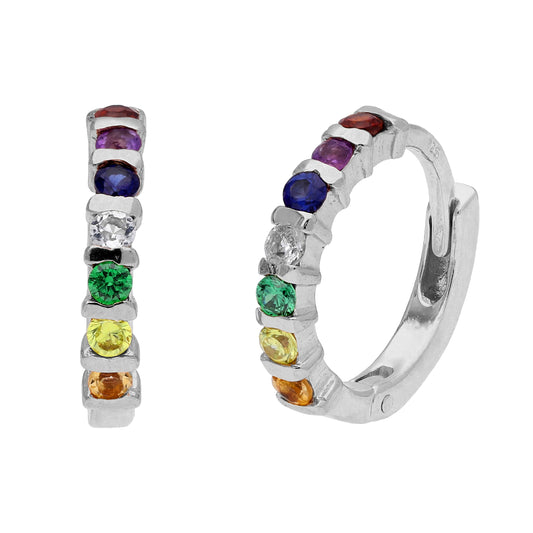 Sterling Silver Rainbow CZ Bar Set 15mm Huggie Hoop Earrings