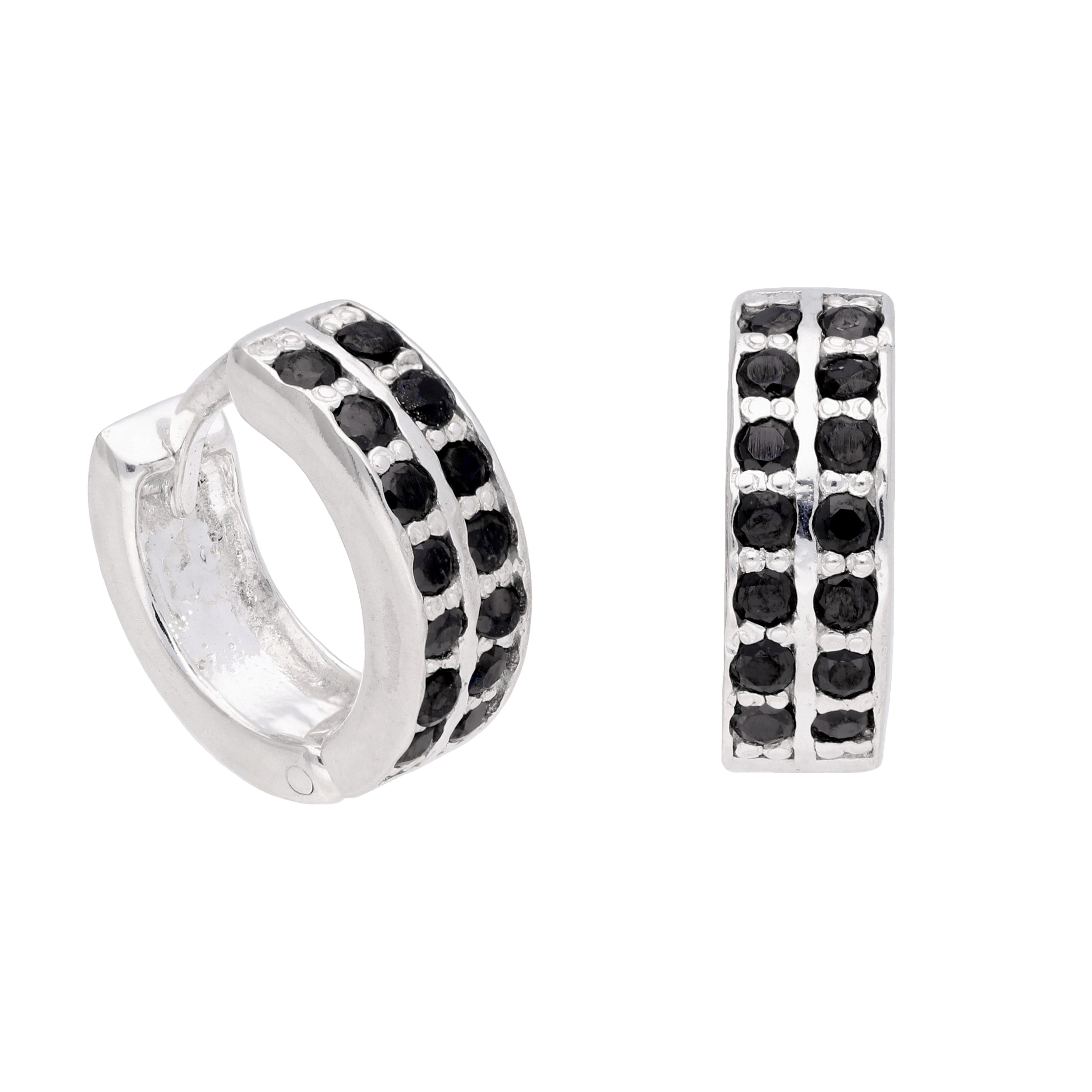 Sterling Silver Black CZ Double Channel Set 12mm Huggie Hoop Earrings