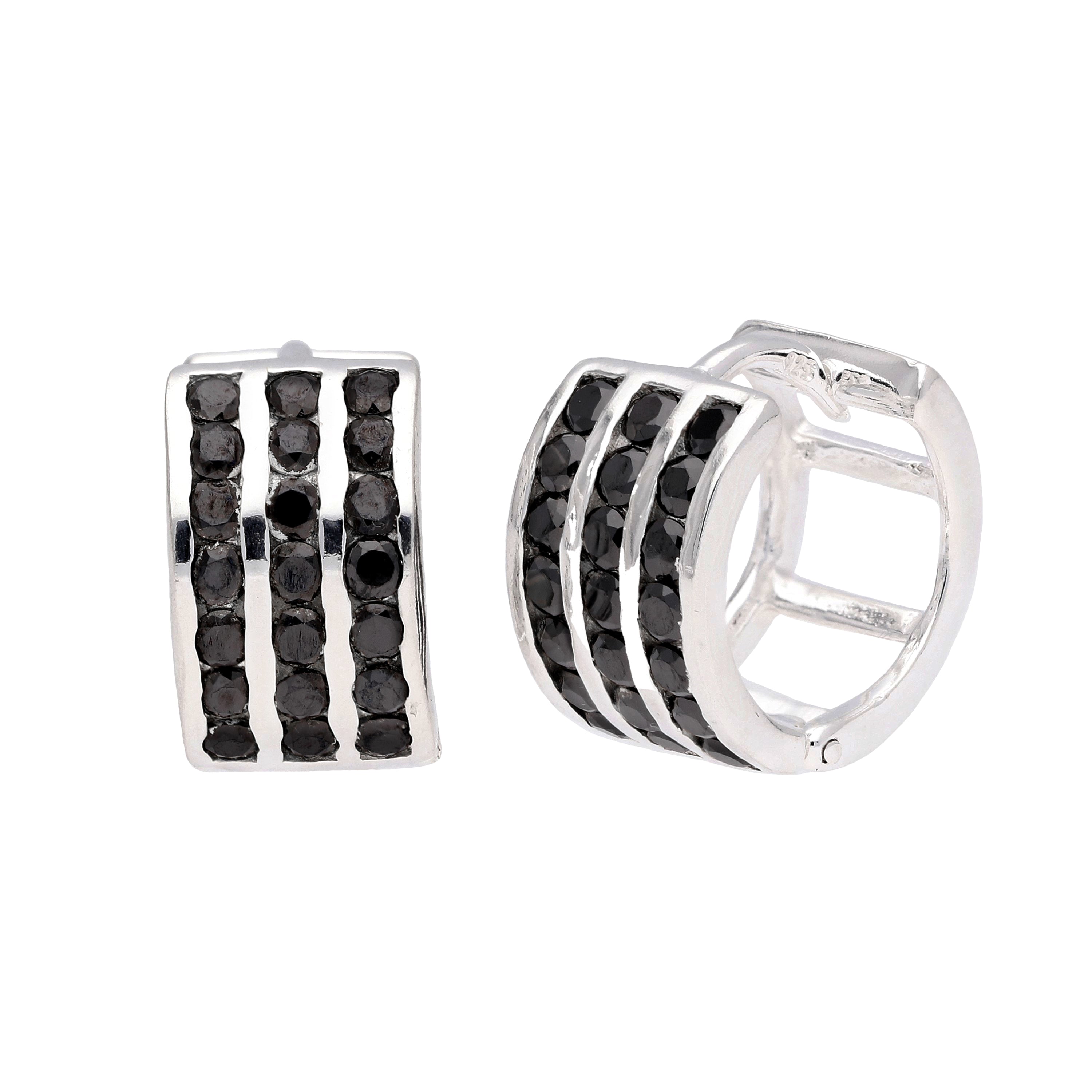 Sterling Silver Black CZ Triple Set 13mm Huggie Earrings