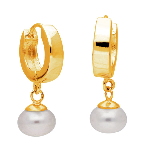 Gold Plated Sterling Silver Pearl Huggie 14mm Hoop Earrings