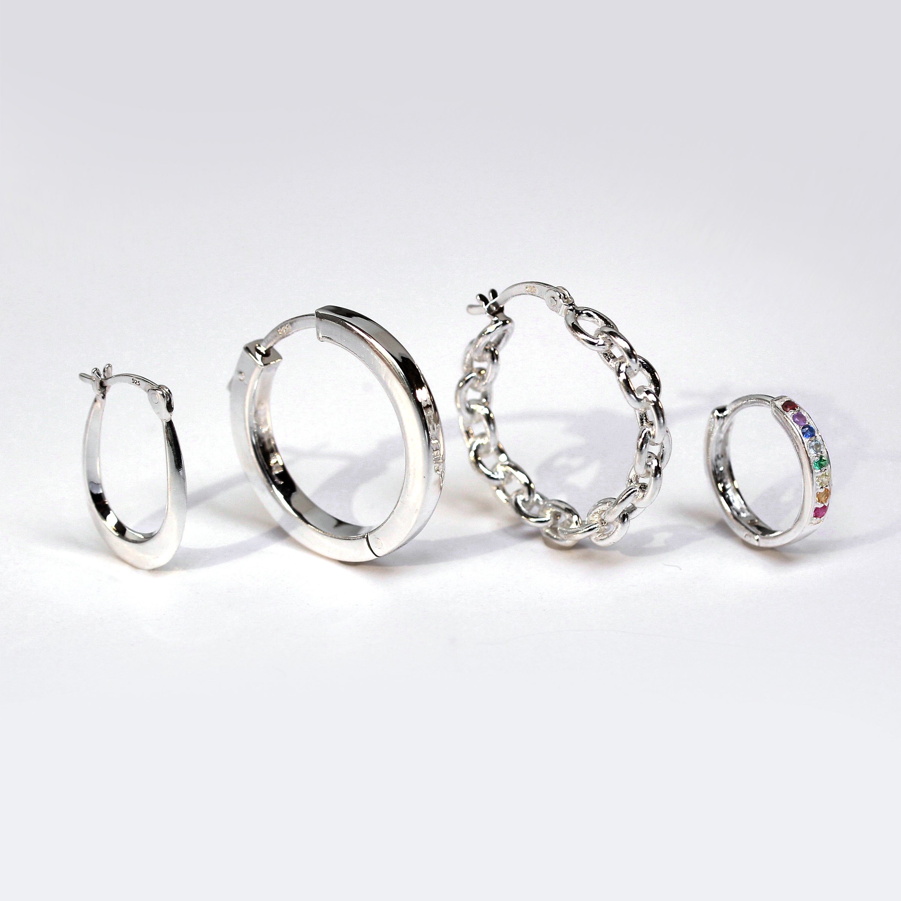 Sterling Silver Rainbow CZ Pave 15mm Huggie Hoop Earrings
