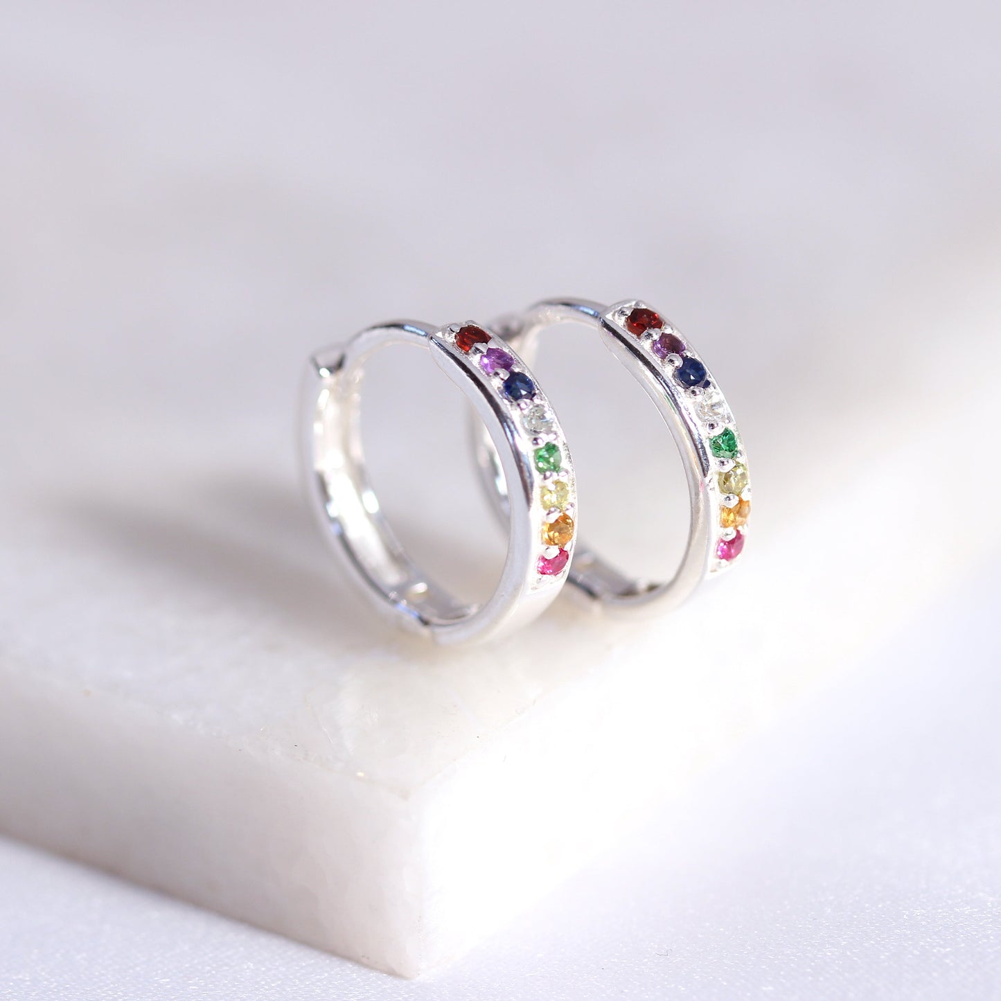 Sterling Silver Rainbow CZ Pave 15mm Huggie Hoop Earrings