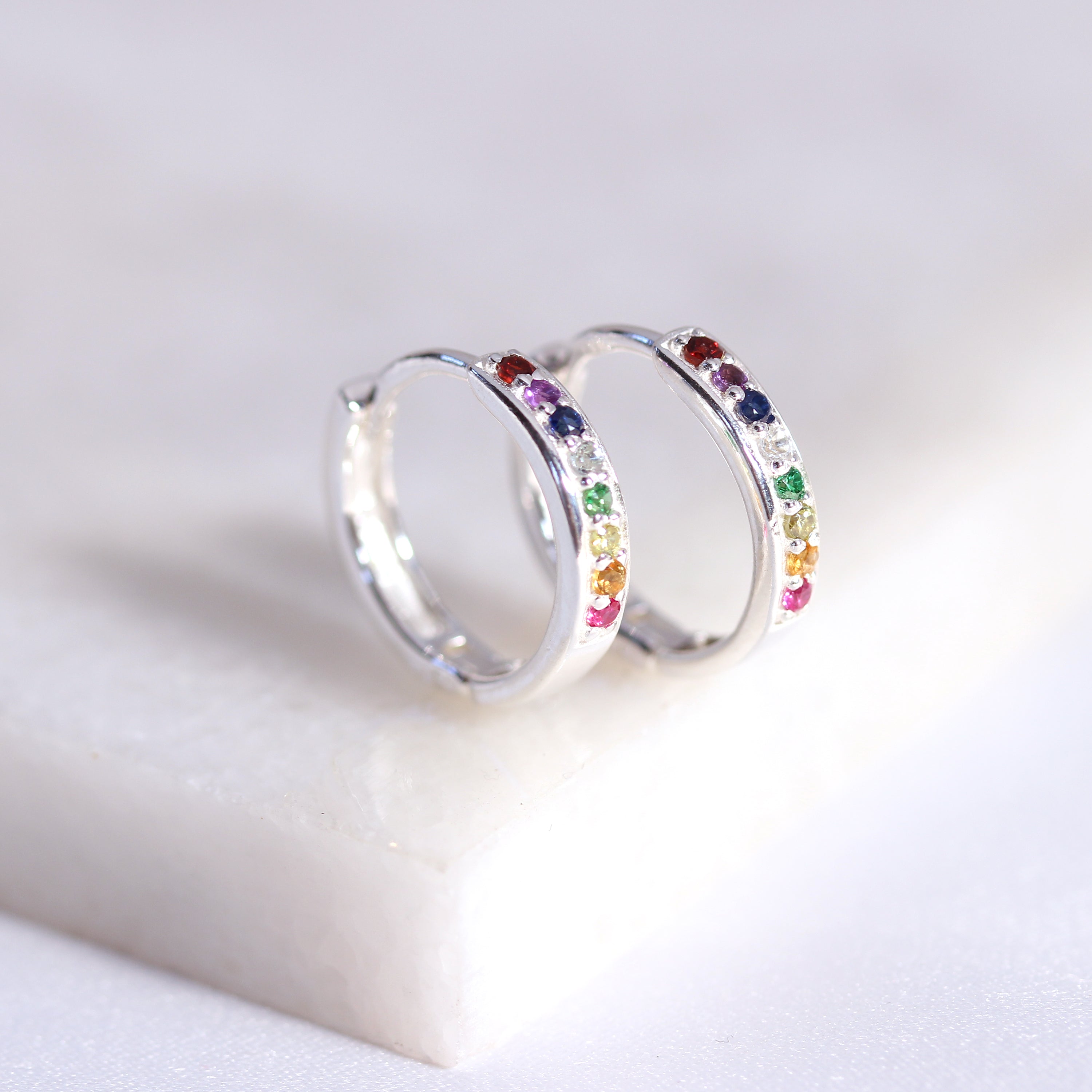 Sterling Silver Rainbow CZ Pave 15mm Huggie Hoop Earrings