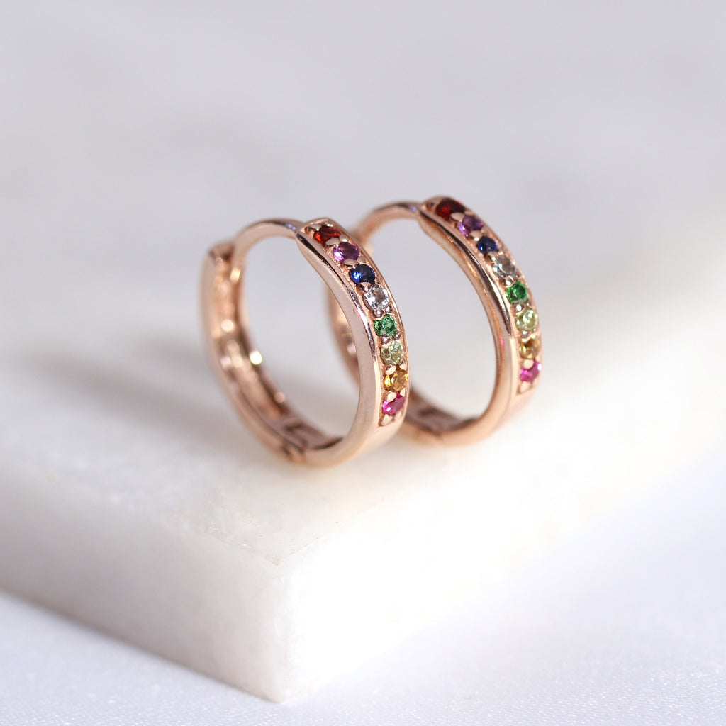 Rose Gold Plated Sterling Silver Rainbow CZ 15mm Hoop Earrings