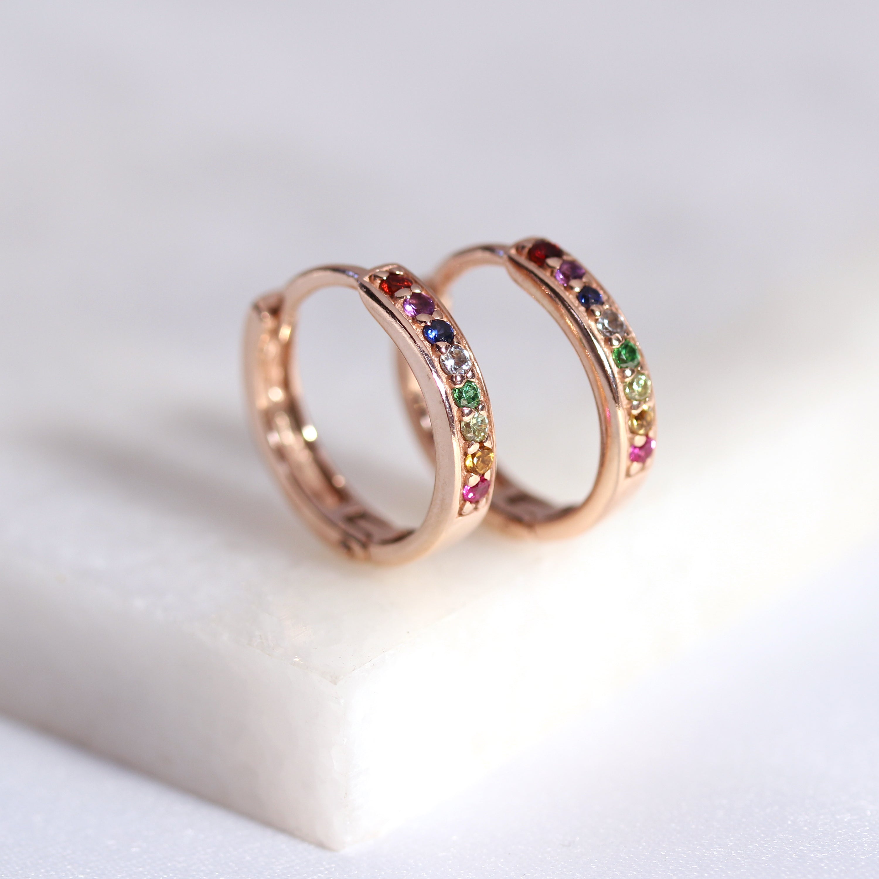 Rose Gold Plated Sterling Silver Rainbow CZ 15mm Hoop Earrings
