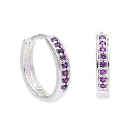Sterling Silver Amethyst CZ Pave 15mm Huggie Hoop Earrings