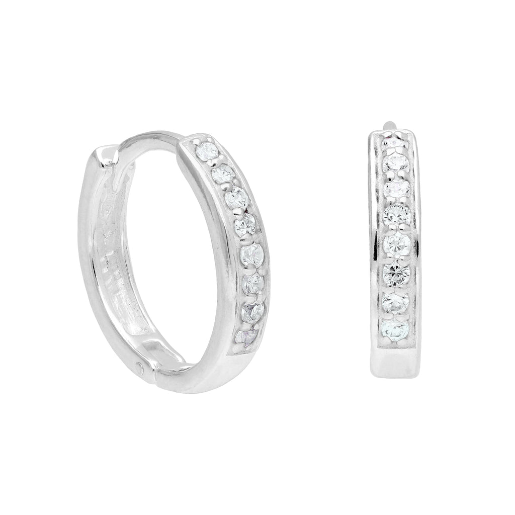 Sterling Silver Aquamarine CZ Pave 15mm Huggie Hoop Earrings