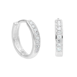 Sterling Silver Aquamarine CZ Pave 15mm Huggie Hoop Earrings