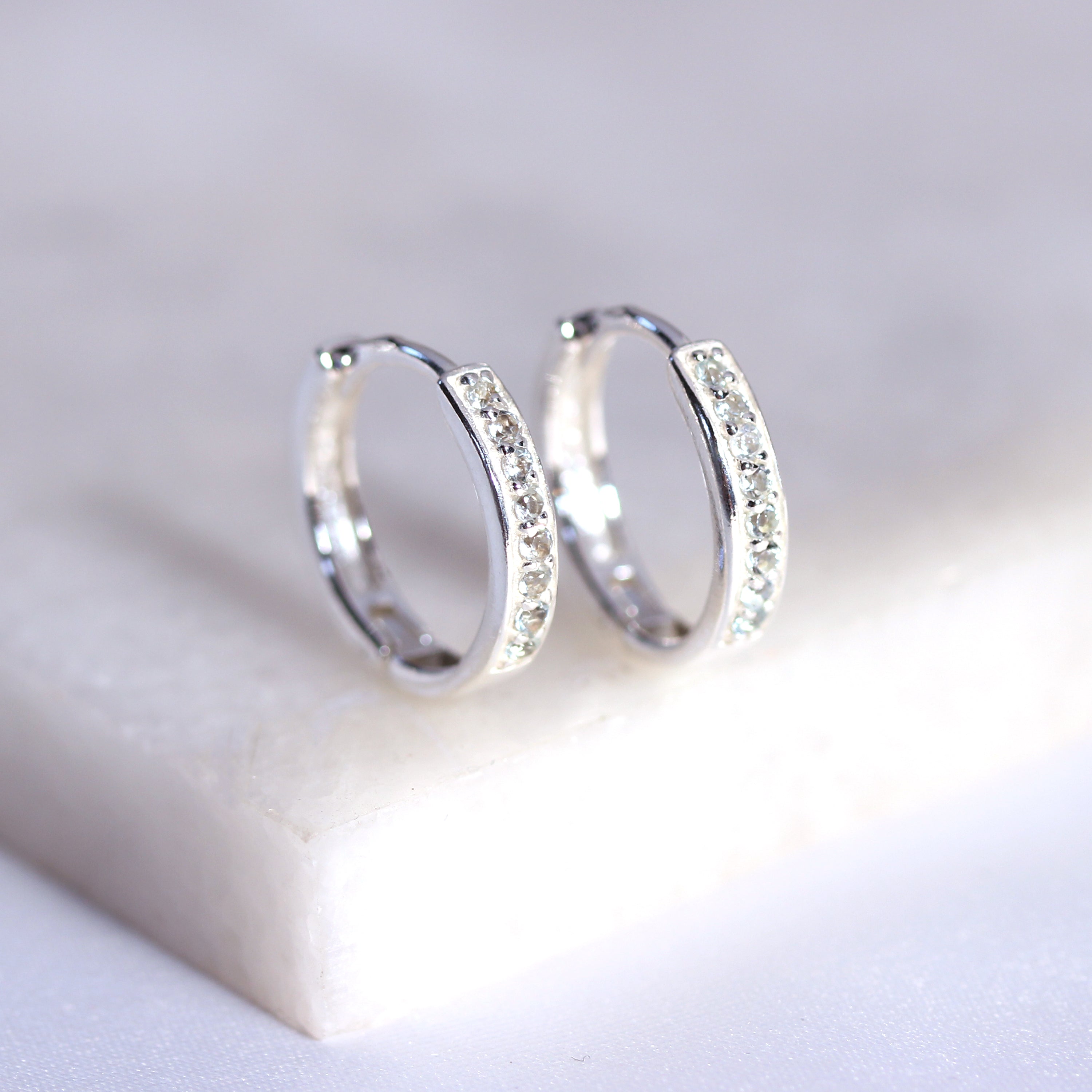 Sterling Silver Aquamarine CZ Pave 15mm Huggie Hoop Earrings