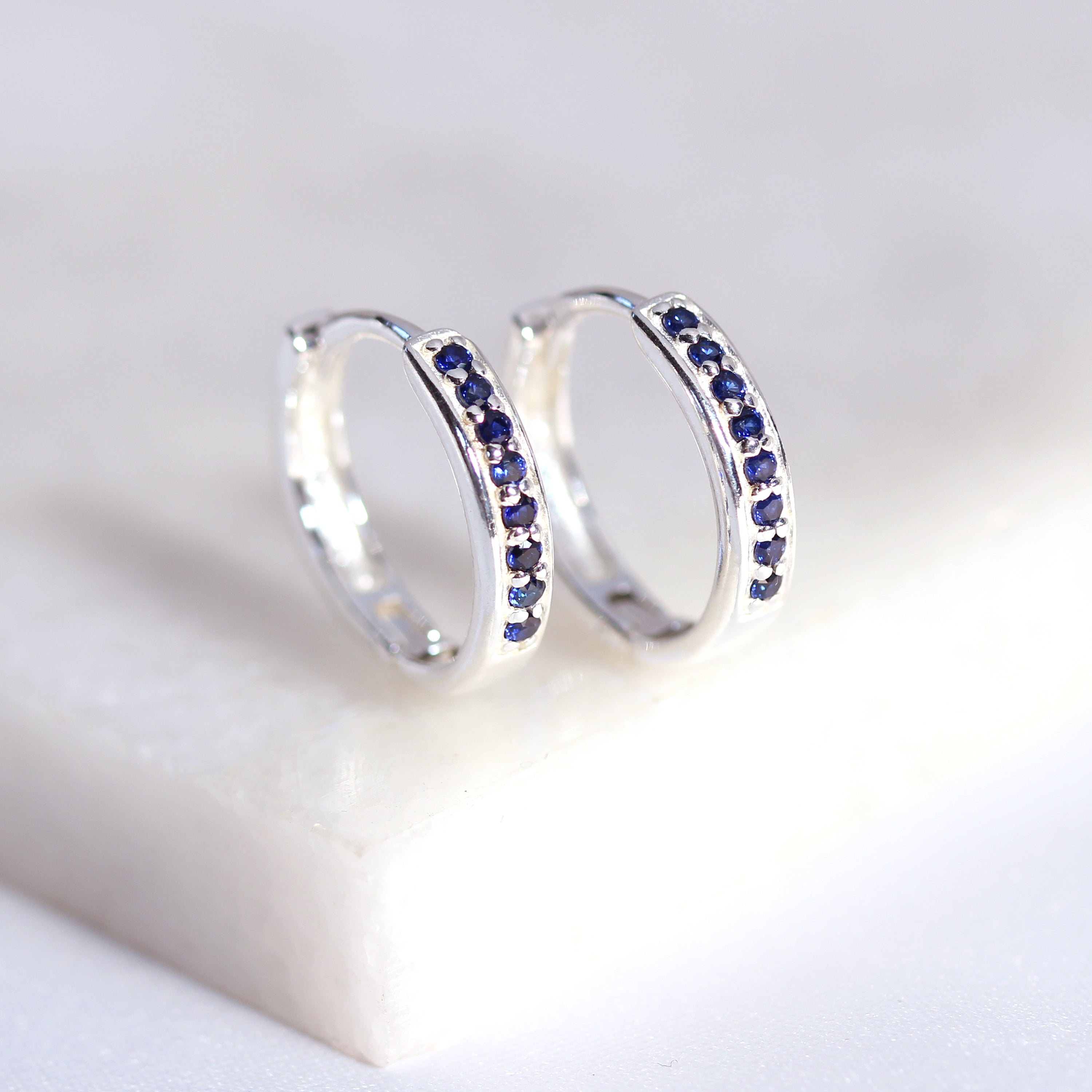 Sterling Silver Sapphire CZ Pave 15mm Huggie Hoop Earrings