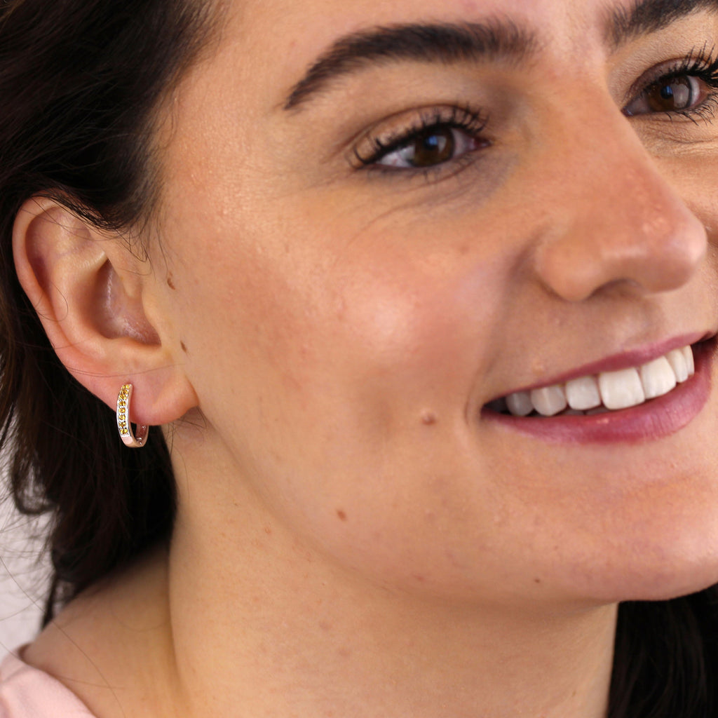 Sterling Silver Citrine CZ Pave 15mm Huggie Hoop Earrings