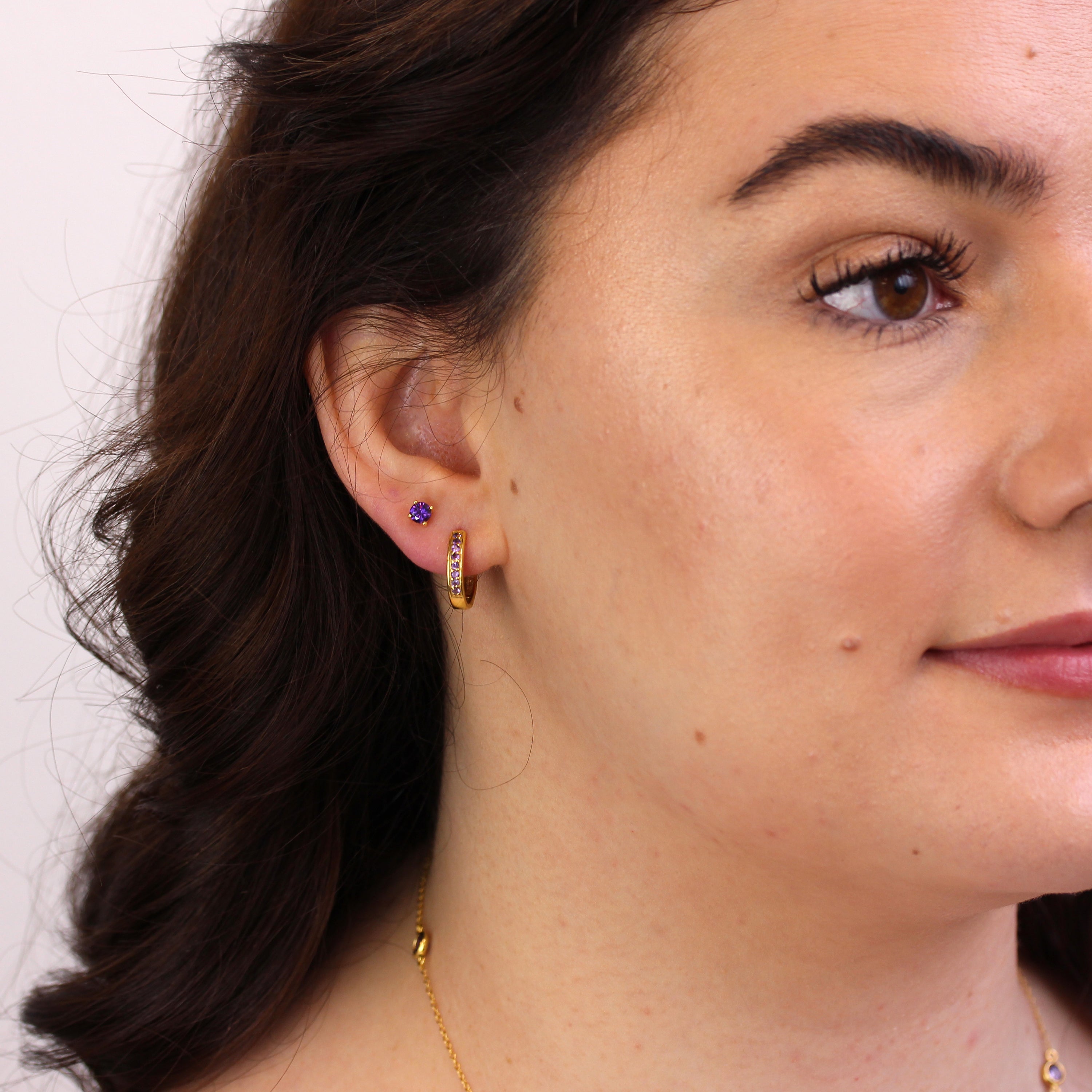 Gold Plated Sterling Silver Amethyst CZ 15mm Huggie Hoop Earrings