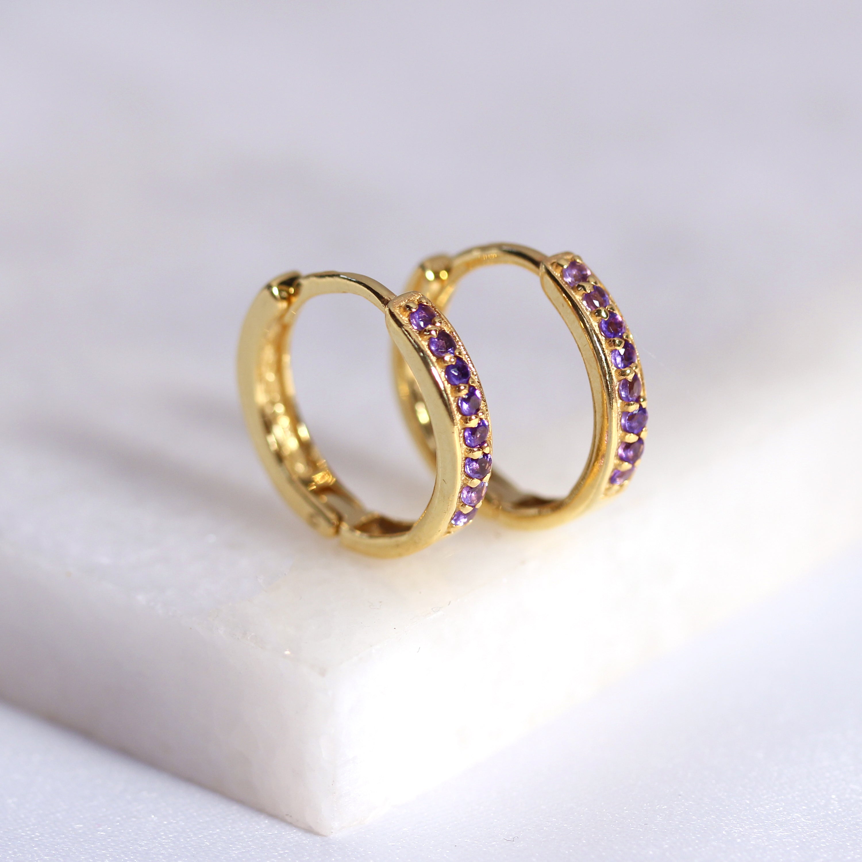 Gold Plated Sterling Silver Amethyst CZ 15mm Huggie Hoop Earrings