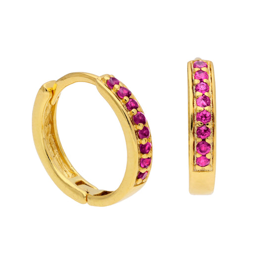 Gold Plated Sterling Silver Ruby CZ Pave 15mm Hoop Earrings