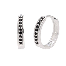 Sterling Silver Black CZ Pave Huggie 19mm Hoop Earrings
