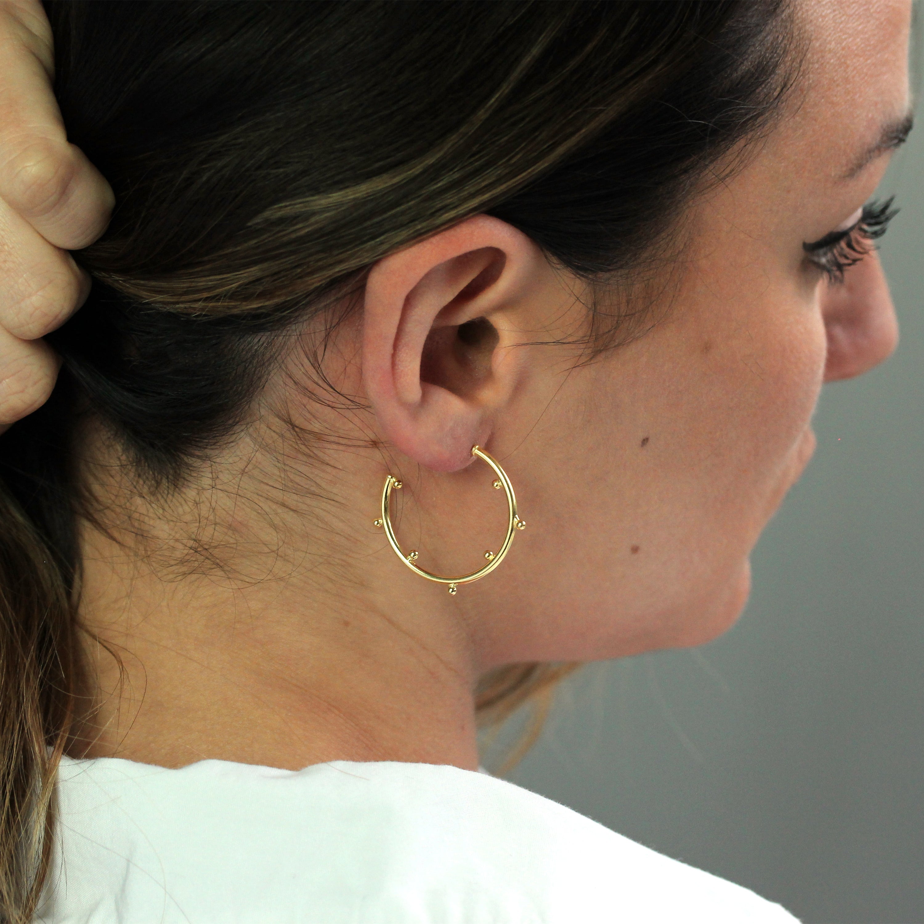 Gold Plated Sterling Silver Bobble 30mm Open Hoop Stud Earrings